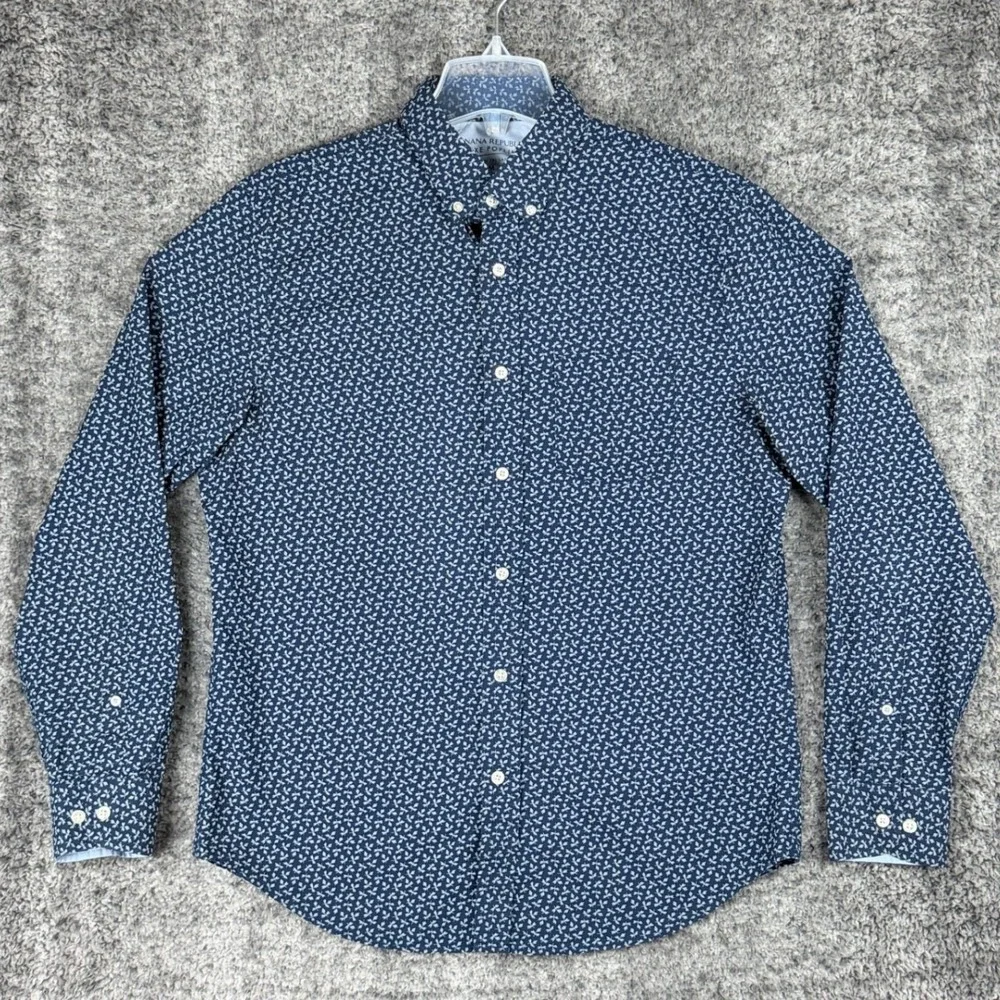 Banana Republic Men's Medium Luxe Poplin Navy Blue Floral Button Down Shirt